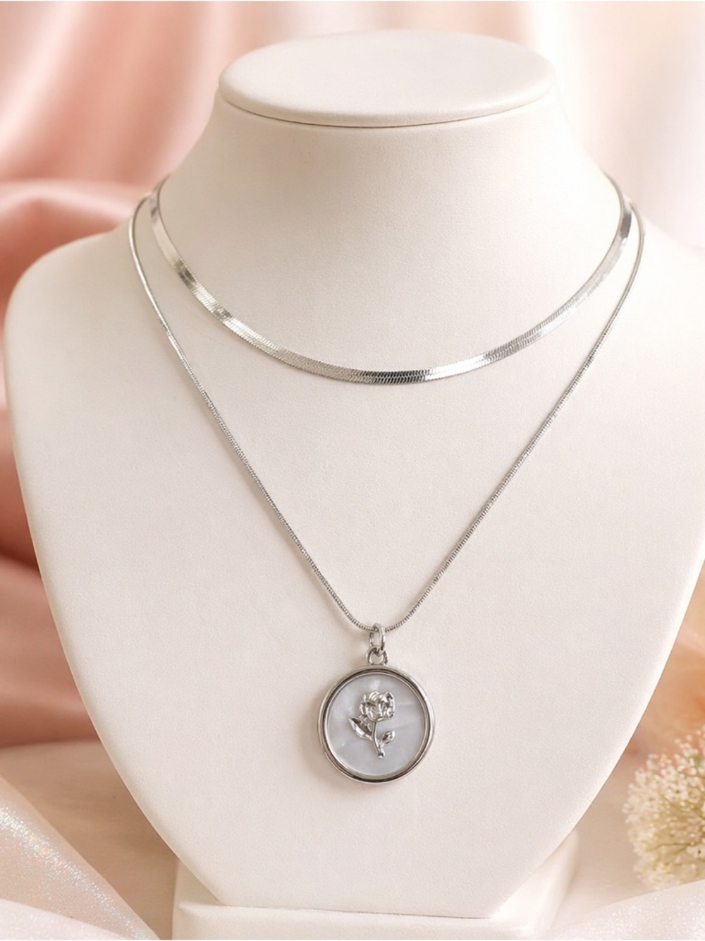 paparazzi Silver Double-Layer Rose Medallion Necklace
